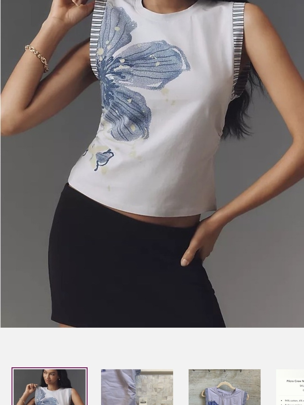 Sleeveless Light Blue Floral Appliqué Sleeveless Top with Striped Trim
